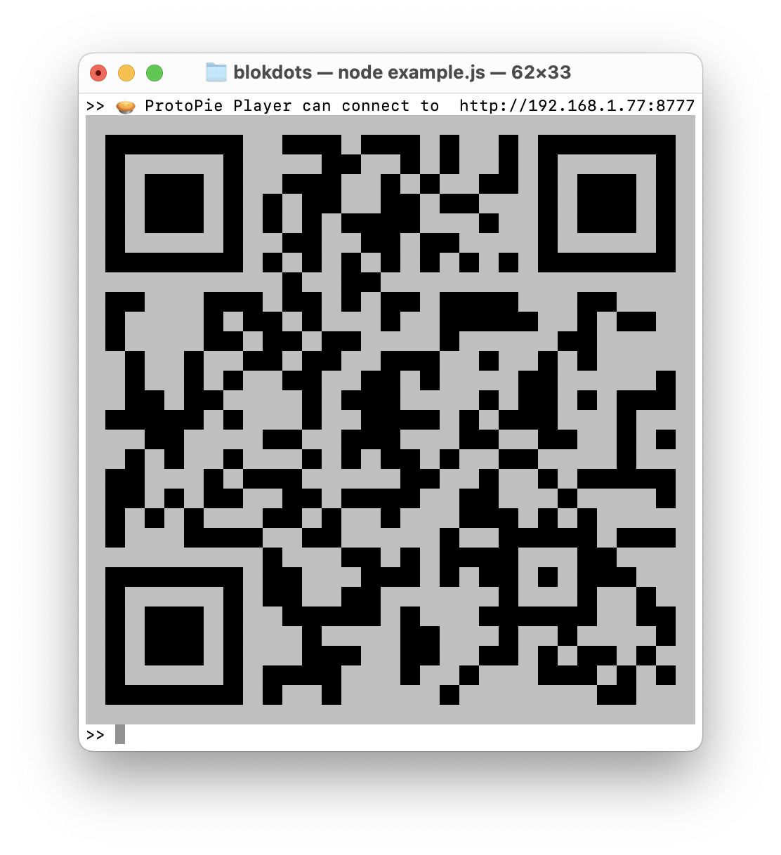 QR code for ProtoPie Player in the terminal window